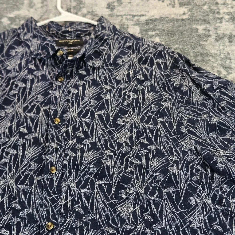 Banana Republic Mens Shirt 2XL Blue Floral Linen Blend Slim Fit Camp Resort